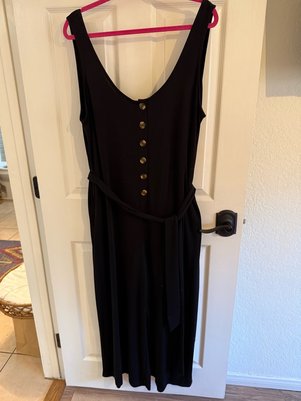 Eloquii Black Sleeveless Button-Front knit wide leg jumpsuit with Waist Tie